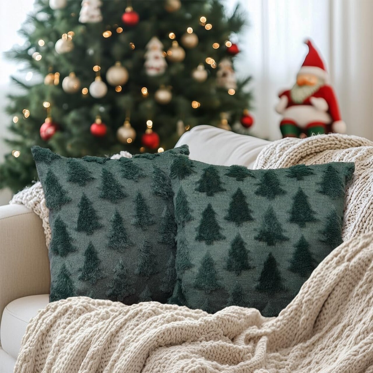Christmas Tree Pillow Covers 18x18 Inch Set of 2, Xmas Winter Soft Plush Faux Fur Wool Decorative Throw Pillows Farmhouse Holiday Cushion Case for Home Decoration (Green) GC003-18